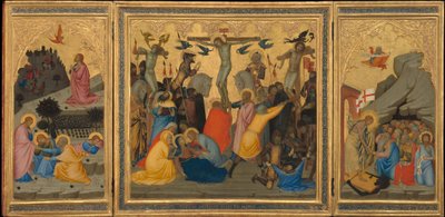 Szenen aus der Passion Christi: Die Agonie im Garten, die Kreuzigung und der Abstieg in die Vorhölle [gesamtes Triptychon] von Andrea Vanni