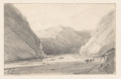 Berglandschaft mit Fluss und einer Figur mit zwei beladenen Eseln von Andreas Schelfhout