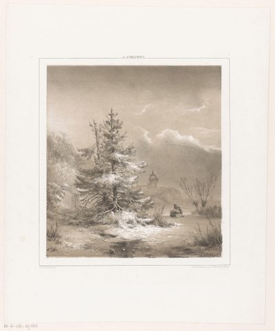 Winterlandschaft mit Nadelbäumen und Mann mit Schlitten von Andreas Schelfhout