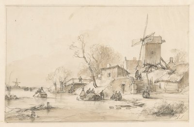Winterlandschaft mit rechts einer Mühle und einigen Häuschen auf einem Deich von Andreas Schelfhout