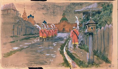 Strelets-Patrouille am Ilyinsky-Tor im alten Moskau von Andrei Petrovich Ryabushkin