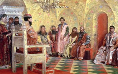 Zar Michail Fjodorowitsch (1596-1645) mit Bojaren in seinem Zimmer sitzend, 1893 von Andrei Petrovich Ryabushkin