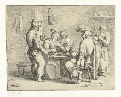 Drei Bauern und eine Frau an einem Tisch in einem Bordell von Andries Both