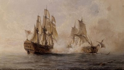 Kampf des Schiffes Glorioso mit dem Briten Dartmouth im Jahr 1747 – 19. Jahrhundert von Angel Maria Cort