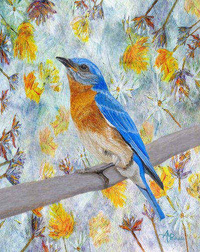 Blaukehlchen unter Blumen von Angeles M. Pomata