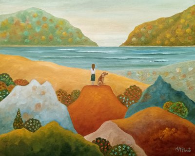 Mädchen Hund Meeresblick von Angeles M. Pomata