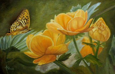 Goldene Blumen und Schmetterling von Angeles M. Pomata
