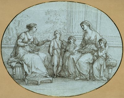 Cornelia, die Mutter der Gracchen, sitzt (rechts) einer reichen Römerin gegenüber, der sie ihre drei Kinder als ihren kostbarsten Besitz zeigt von Angelica Kauffmann