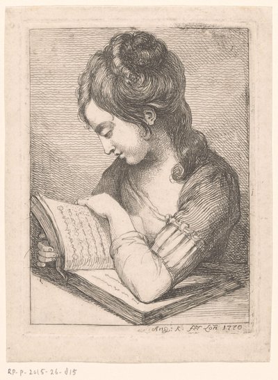 Lesende junge Frau an einem Tisch, ihr Ellbogen auf einem Buch ruhend von Angelica Kauffmann