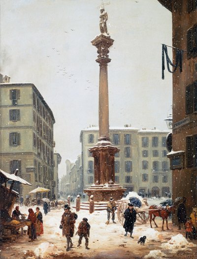 Die Erlöser-Säule am Verziere (Gemüsemarkt) gesehen von der alten Straße San Bernardino in Mailand von Angelo Inganni