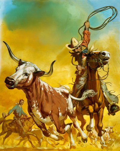 Cowboy beim Lassowerfen von Rindern von Angus McBride