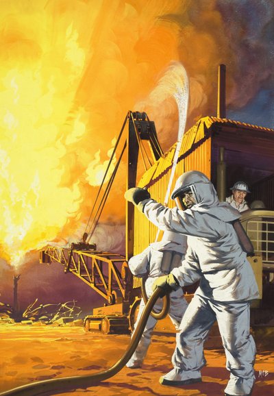 Feuerwehrmann im Schutzanzug bekämpft ein Feuer auf einem Ölfeld von Angus McBride