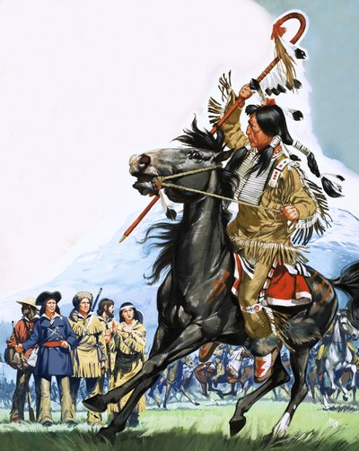 Unidentifizierte Indianer umringen eine kleine Gruppe von Spähern von Angus McBride