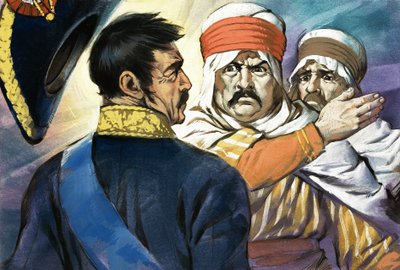 Unbekannter Mann in nahöstlicher oder nordafrikanischer Kleidung schlägt einen anderen Mann von Angus McBride
