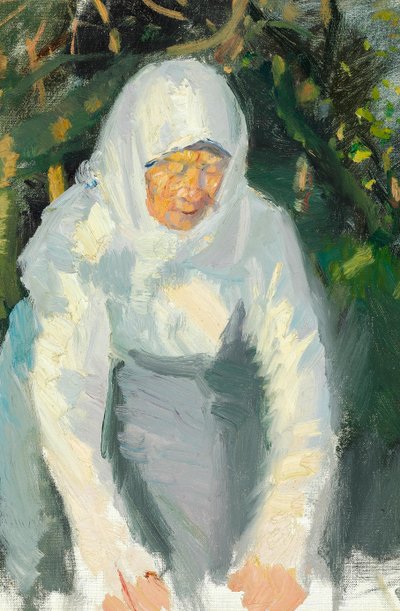 Frau aus Skagen mit weißem Schal von Anna Ancher
