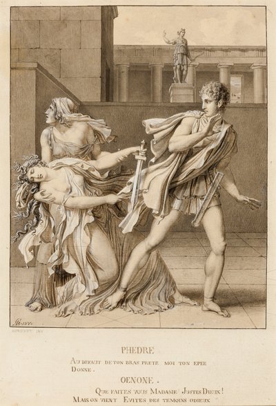 Phaedra, nachdem sie ihre Leidenschaft erklärt hat, versucht sich mit dem Schwert des Hippolytus zu töten von Anne-Louis Girodet de Roucy-Trioson