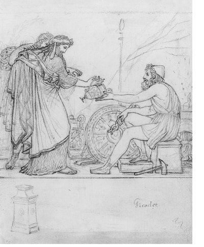 Anakreon erhält eine Silbervase von zwei stehenden Figuren, mit einer Studie einer Stele: Eine Illustration zu Anakreons Ode XVII mit Inschrift 