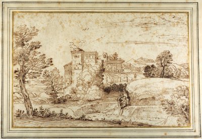 Landschaft mit einem Schloss und den Ruinen eines klassischen Portikus von Annibale (follower of) Carracci
