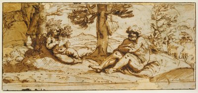 Flötenspielender Amor und Silenus in einer arkadischen Landschaft von Annibale Carracci
