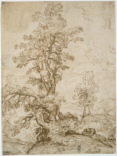 Landschaft mit schlafendem Mann unter Baum (recto); Landschaft mit Reiter (verso) von Annibale Carracci