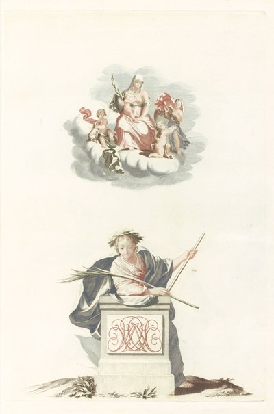 Figur, die sich auf eine Steinsäule mit Initialen lehnt, und Maria auf den Wolken von Anonymous