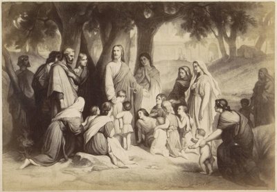 Fotoreproduktion einer (vermutlich) Druckgrafik von Jesus mit Kindern (Lasst die Kinder zu mir kommen) von Anonymous