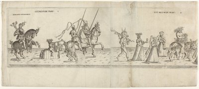 Parade mit verkleideten Figuren, darunter Reiter Bernhart von Ahren, ein Esel mit einem Spieß, Janus, Bacchus auf einem Esel und zwei Musikanten von Anonymous