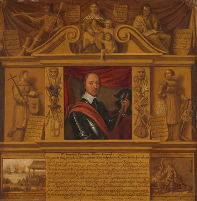 Porträt von Oliver Cromwell, in einem Rahmen mit allegorischen Figuren und historischen Darstellungen von Anonymous