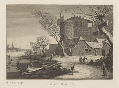 Winterlandschaft mit einem Bauwerk an einem zugefrorenen Fluss von Anonymous