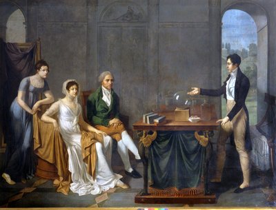 Ein Wissenschaftler (wahrscheinlich Alessandro (Alexandre) Volta) führt ein wissenschaftliches Experiment vor der Familie Melzi Deril durch. Anonymes Gemälde. von Anonymous Anonymous