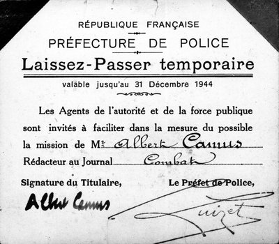Albert Camus vorläufiger Pass, gültig bis 31. Dezember von Anonymous Anonymous
