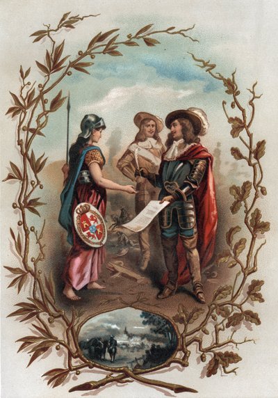 Allegorie zum Vertrag von Aachen. Unterzeichnet am 2. Mai 1668 zwischen Frankreich und Spanien, beendete er den Devolutionskrieg und übergab Flandern an Frankreich. Chromolithographie in „Turenne; sa vie, les institutions militaires de son temps“ (1884) vo von Anonymous Anonymous