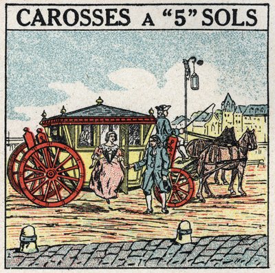 Tierische Zugkraft: eine Kutsche mit 5 Etagen, ein Transportmittel, das unter Ludwig XIV. in Frankreich den Bürgerlichen vorbehalten war. Anonyme Illustration von 1925. Private Sammlung. von Anonymous Anonymous
