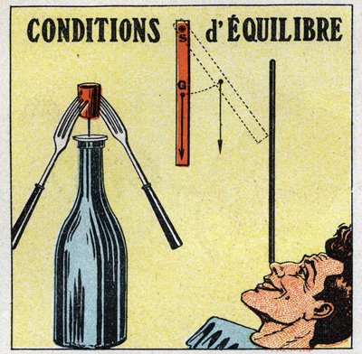 Gleichgewicht von Festkörpern: Gleichgewichtsbedingungen. Experiment mit einer Flasche, einem Stopfen und zwei Gabeln. Anonyme Illustration von 1925. Privatsammlung. von Anonymous Anonymous
