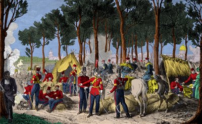 Lager russischer und englischer Truppen auf den Champs Elysées in Paris im Juli 1815 nach der Niederlage Napoleons I., Gravur, Private Sammlung von Anonymous Anonymous