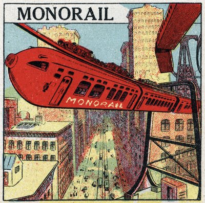 Elektrische Eisenbahnen: Projekt für eine Einschienenbahn, die in einer Stadt verkehrt. Anonyme Illustration von 1925. Private Sammlung. von Anonymous Anonymous