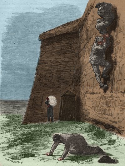 Flucht aus dem Rochefort Bagne im 19. Jahrhundert. Gravur in „Histoire des bagnes depuis leur création à nos jours“ (1877) von Pierre Zaccone. Private Sammlung. von Anonymous Anonymous