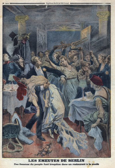Erster Weltkrieg 1914-1918. Die Frauen des Volkes stürmen ein modisches Restaurant und fordern die Rückkehr ihrer Ehemänner. In „Le Petite Journal“, am 16.01.1916. Private Sammlung von Anonymous Anonymous