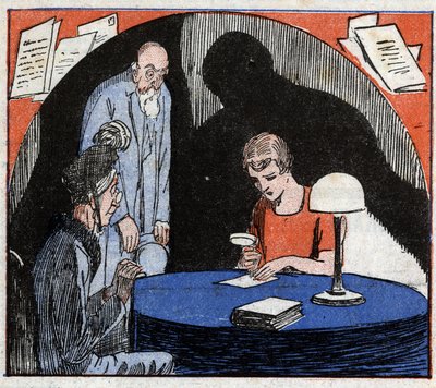 Graphologie: Ein Graphologe, konsultiert von einem alten Paar, liest mit einer Lupe die Handschrift einer Person, um psychologische Merkmale abzuleiten. Gravur in 