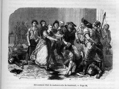 Die Hingabe von Madame de Sombreuil - Mademoiselle (Marie) de Sombreuil (1774-1823) Heldin der Revolution - Gravur in „Histoire des Girondins“ von Alphonse de Lamartine (1790-1869) 1865-1866. Private Sammlung von Anonymous Anonymous