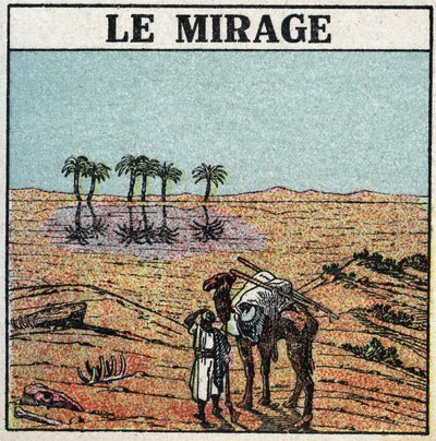 Lichtbrechung: Fata Morgana. Atmosphärische Brechung gibt die Illusion einer Oase in der Wüste. Anonyme Illustration von 1925. Private Sammlung. von Anonymous Anonymous