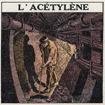 Lichtquellen: Beleuchtung durch Acetylen, das in Trommeln verwendet wird. Anonyme Illustration von 1925. Private Sammlung. von Anonymous Anonymous