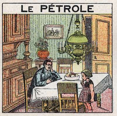 Lichtquellen: Verwendung der Öllampe. Anonyme Illustration von 1925. Private Sammlung. von Anonymous Anonymous