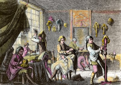 Mode von Louis XV: Ansicht des Inneren eines Perückenfriseurs. Gravur um 1755. Private Sammlung von Anonymous Anonymous