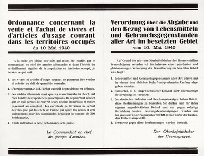 „Verordnung über den Verkauf und Kauf von Lebensmitteln und Gebrauchsgegenständen in den besetzten Gebieten“ - Französisch-Deutsches zweisprachiges Plakat von Anonymous Anonymous