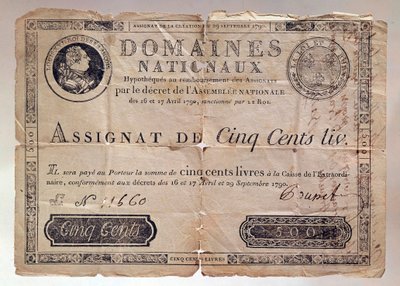 Papier aus der Französischen Revolution: eine Zuweisung von 500 Pfund aus dem Jahr 1790. Private Sammlung von Anonymous Anonymous