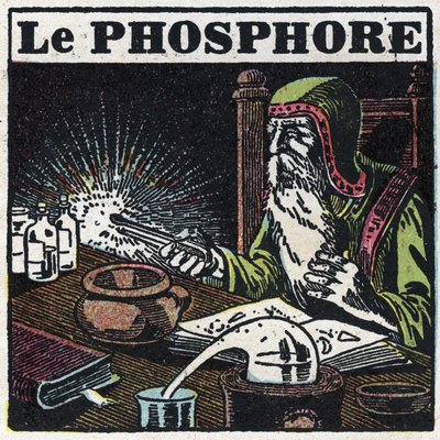 Phosphoreszenz: Phosphor. Ein Alchemist sucht in seinem Labor nach dem Stein der Weisen. Anonyme Illustration von 1925. Private Sammlung. von Anonymous Anonymous
