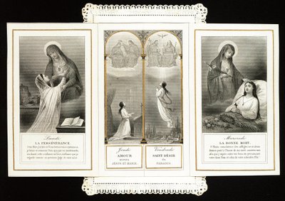 Andachtsbild: Beharrlichkeit, Liebe zu Jesus und Maria, das Heilige Verlangen nach dem Paradies, der Gute Tod. Gezackte Karte im Triptychon. 19. Jahrhundert. Private Sammlung von Anonymous Anonymous
