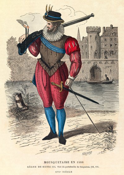 Porträt eines Musketiers im Jahr 1586 in Paris (unter der Herrschaft von König Heinrich III.), Gravur, Private Sammlung von Anonymous Anonymous