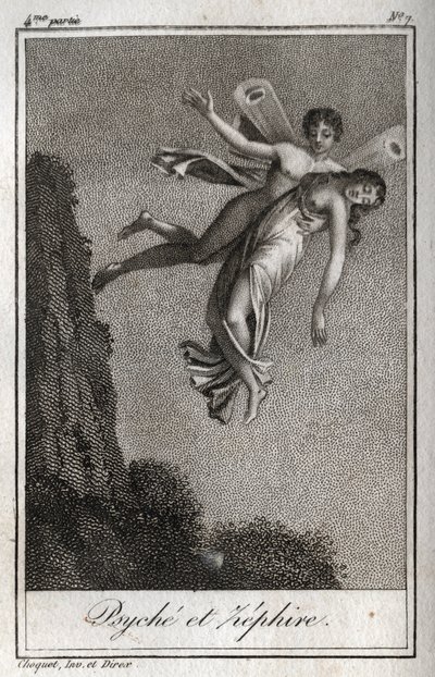 Psyche wird von Zephyr entführt. Gravur von 1819 in „Lettres à Emilie sur la mythologie“ von Charles Albert Demoustier (1760-1801). Private Sammlung von Anonymous Anonymous